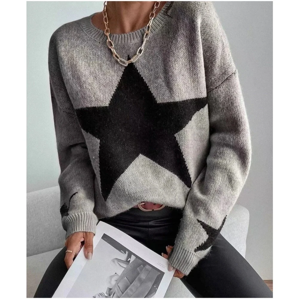 Cozy Star Print Knit Oversized Sweater Top - Picture 2 of 7